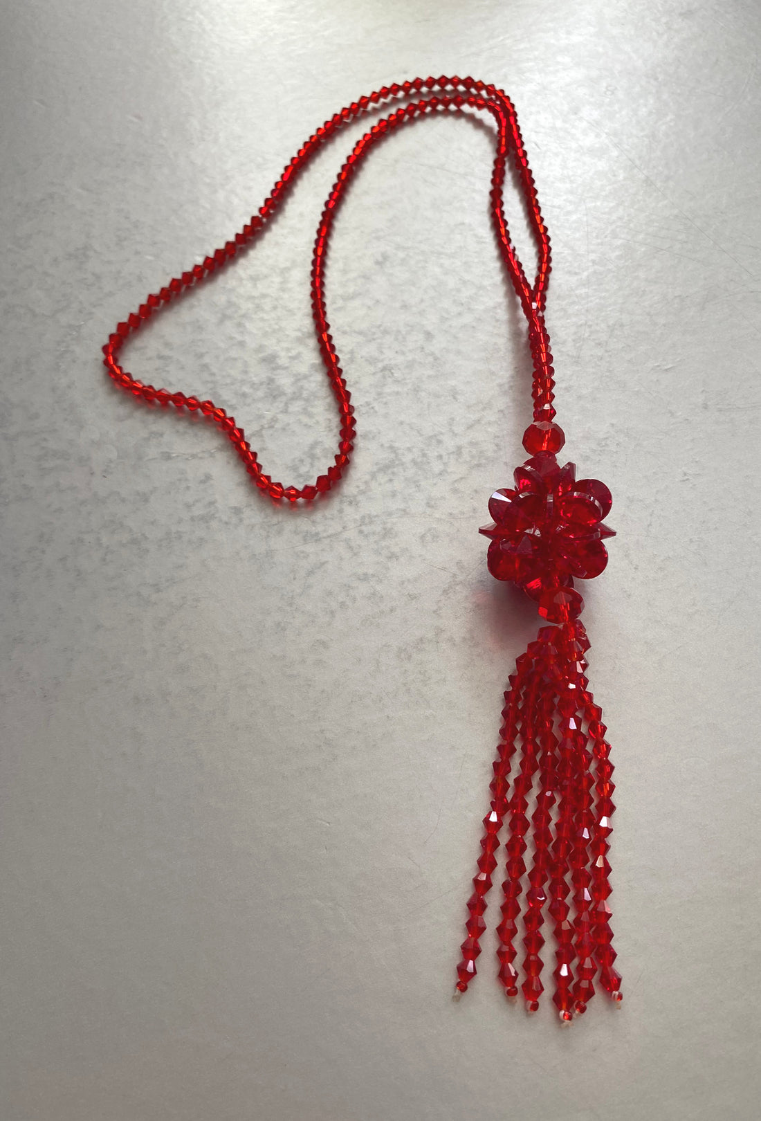 Vintage Crystal Flower Tassel Beaded Long Flapper Necklace Ruby Red The Deco Haus