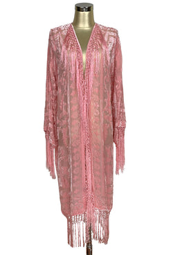 Vintage Silk Velvet 1920's Beaded Fringe Scarf Coat - Victorian Rose - Vintage Pink - The Deco Haus