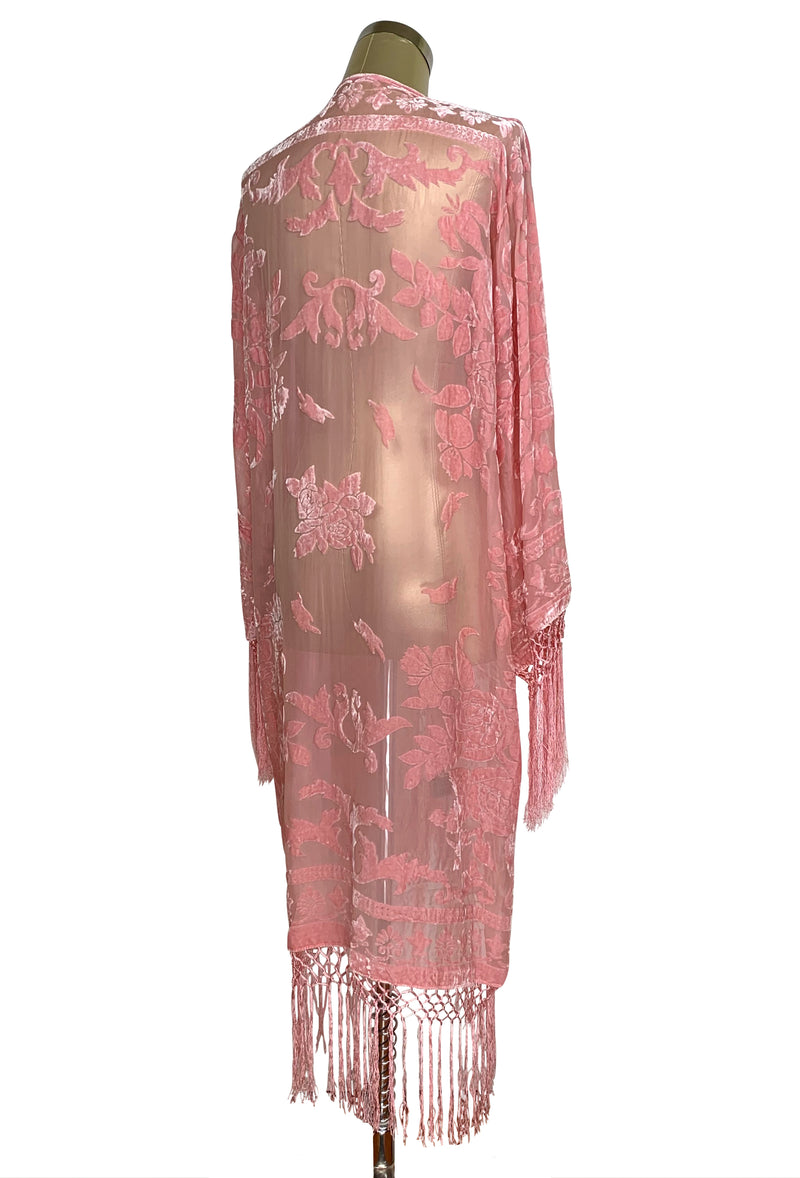 Vintage Silk Velvet 1920's Beaded Fringe Scarf Coat - Victorian Rose - Vintage Pink - The Deco Haus