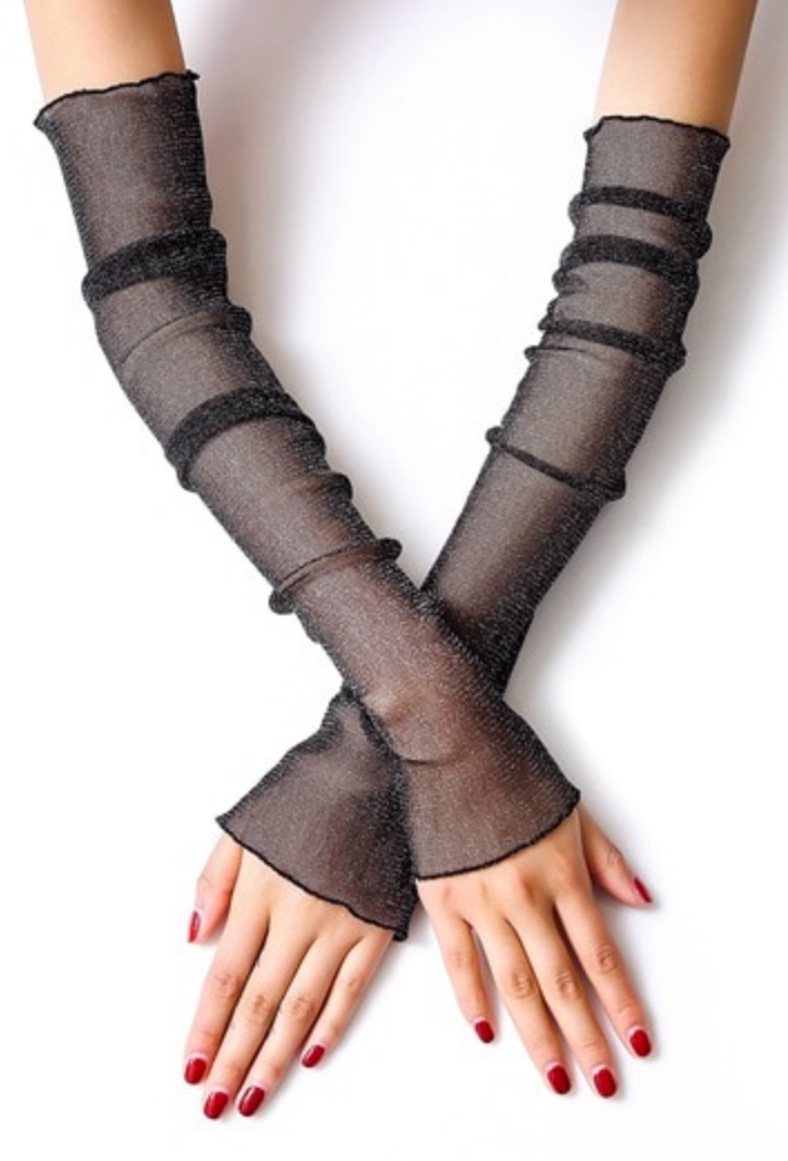Vintage Style Sheer Glitter Nylon Mesh Fingerless Opera Evening Glove - Black - The Deco Haus