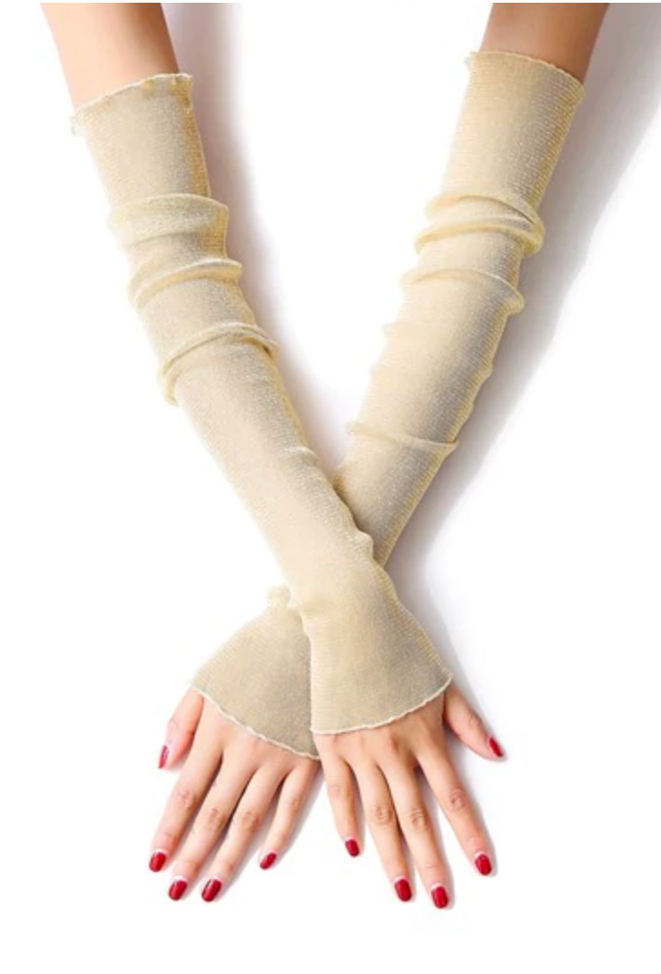 Vintage Style Sheer Glitter Nylon Mesh Fingerless Opera Evening Glove - Pale Gold The Deco Haus