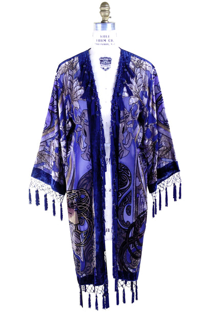Vintage Velvet Art Nouveau Beaded Fringe Scarf Coat - Mucha Gypsy Fortuneteller - Cobalt Blue - The Deco Haus