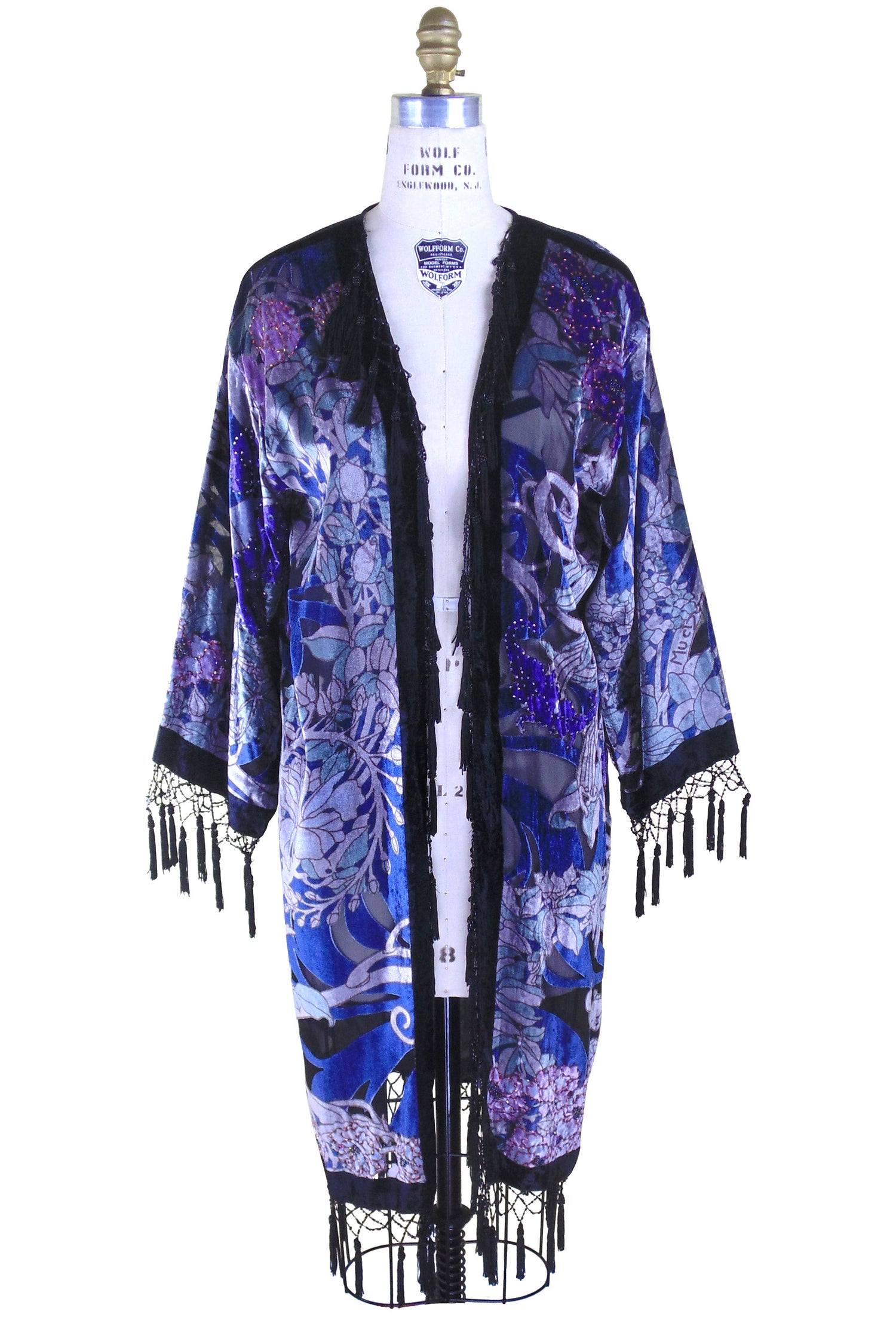 Vintage Velvet Art Nouveau Beaded Fringe Scarf Coat - Mucha Mystique - Black The Deco Haus
