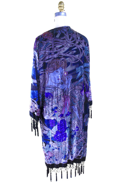 Vintage Velvet Art Nouveau Beaded Fringe Scarf Coat - Mucha Mystique - Black The Deco Haus